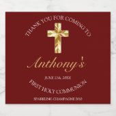 Elegant Burgundy Gold Cross 1st Commune Sparkling Wijnetiket (Enkel label)