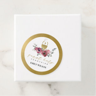 ELEGANT BURGUNDY GOLD FLORAL FIRST HOLY COMMUNION BEDANKJES LABELS