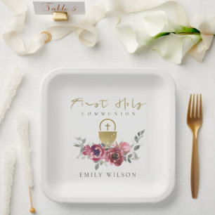 ELEGANT BURGUNDY GOLD FLORAL FIRST HOLY COMMUNION PAPIEREN BORDJE
