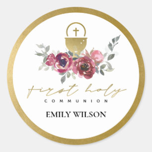 ELEGANT BURGUNDY GOLD FLORAL FIRST HOLY COMMUNION RONDE STICKER