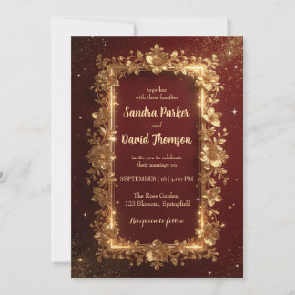 Elegant Burgundy & Gold Floral Frame Wedding  Kaart