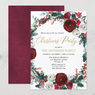 Elegant burgundy Gold floral kerstparty Kaart
