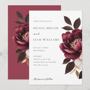 Elegant Burgundy Gold Floral Wedding Kaart