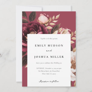 Elegant Burgundy Gold Floral Wedding Kaart