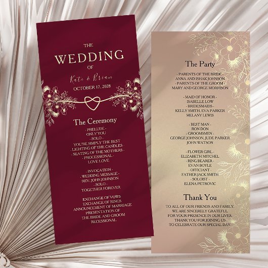 Elegant Burgundy Gold Floral Wedding Programma