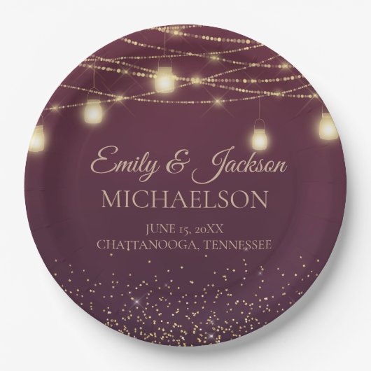 Elegant Burgundy Gold Glitter String Light Wedding Papieren Bordje (Voorkant)