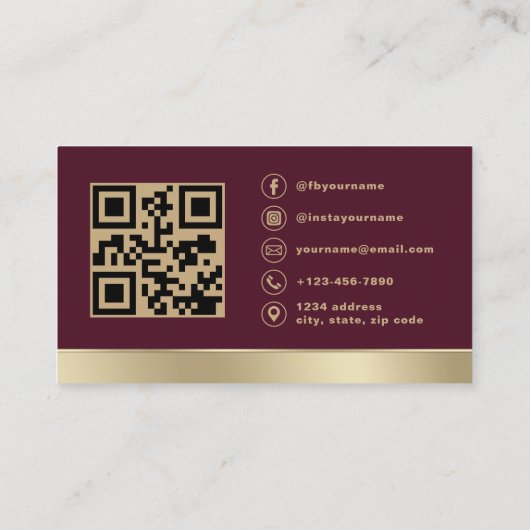 Elegant Burgundy Gold Logo QR Code Photo Visitekaartje (Achterkant)