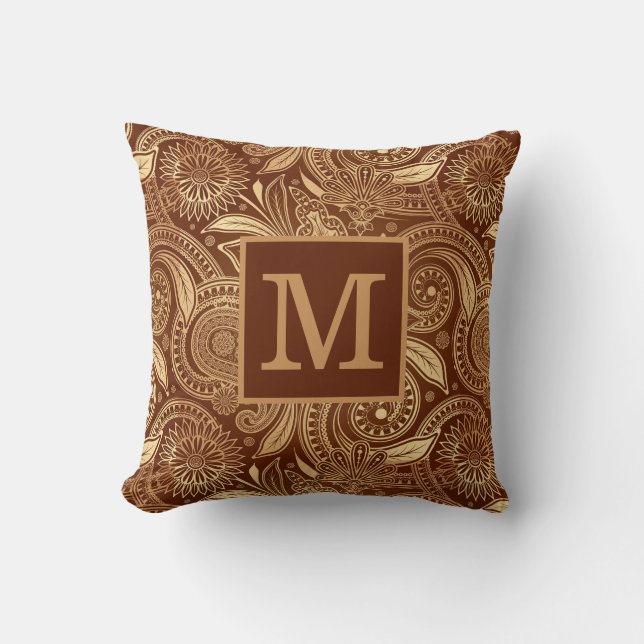 Elegant  Burgundy Gold Paisley Monogram Kussen (Voorkant)
