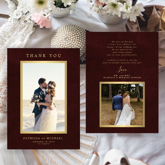 Elegant burgundy gold photo wedding  bedankkaart