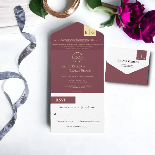 Elegant Burgundy Gold Typography Classy Wedding All In One Uitnodiging