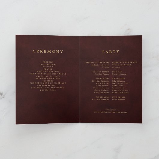 Elegant burgundy gold wedding folded program programma (Binnen)