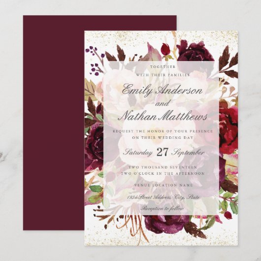 Elegant Burgundy Gold Wedding Kaart (Voorkant / Achterkant)