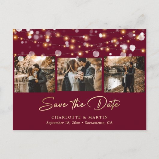 Elegant Burgundy Gold Wedding Photo Save the Date Aankondigingskaart (Voorkant)