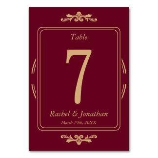 Elegant Burgundy & Gold Wedding Table Number Card Kaart