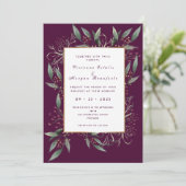 Elegant burgundy green leaf gold bruiloft kaart (Staand voorkant)