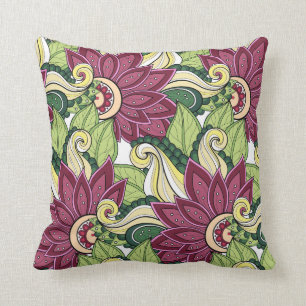 Elegant Burgundy Green Yellow Flowers en Swirl Kussen