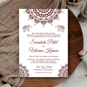 Elegant Burgundy Henna Indian Wedding Invitation Kaart