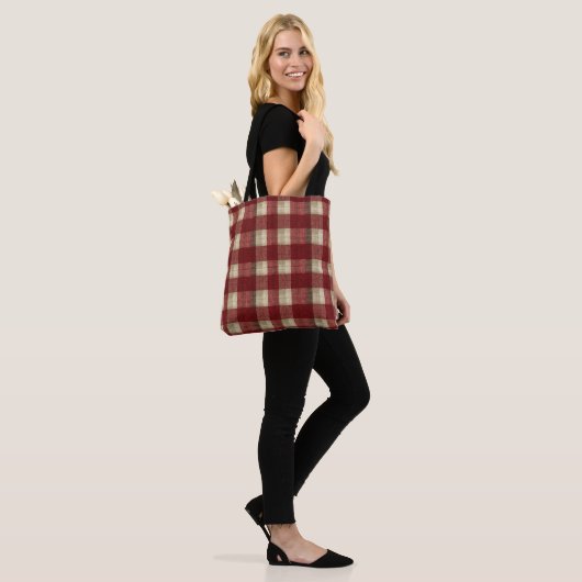 Elegant Burgundy Ivory Rust Red Plaid Pattern Draagtas (Op model)
