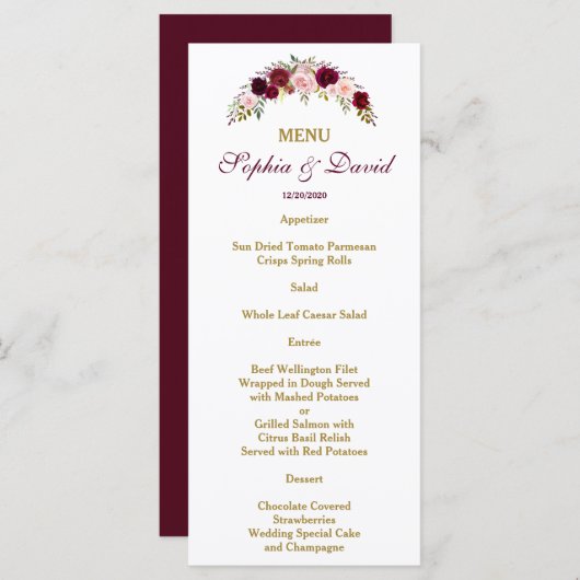 Elegant Burgundy Marsala Bloemrijke Herfst Bruilof Menu (Voorkant / Achterkant)