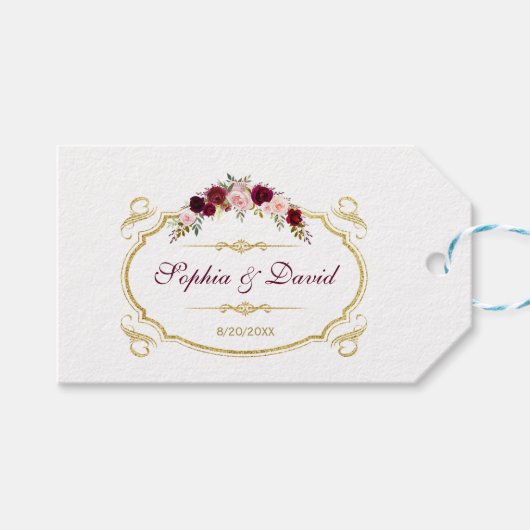 Elegant Burgundy Marsala Floral Fall Wedding Cadeaulabel (Voorkant (Horizontaal))