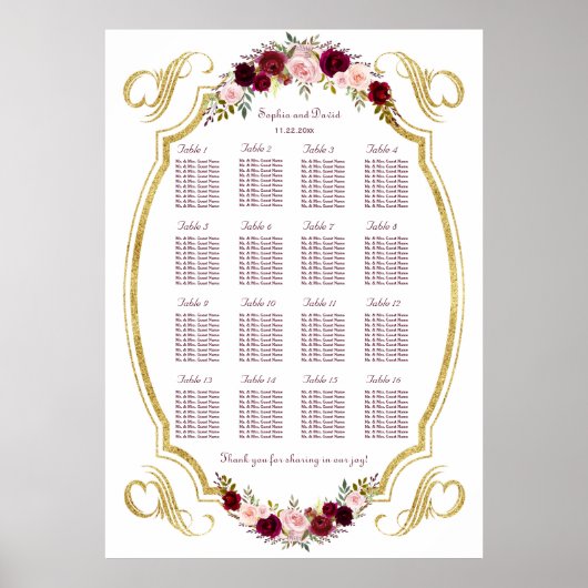 Elegant Burgundy Marsala Floral Herfst Seat Chart Poster (Voorkant)