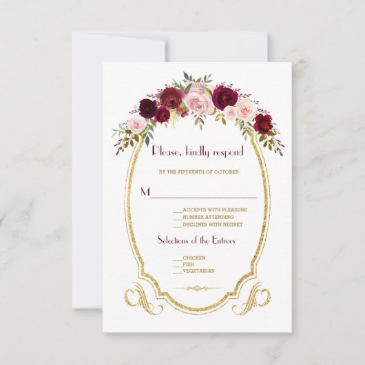 Elegant Burgundy Marsala Floral Wedding RSVP (Voorkant)