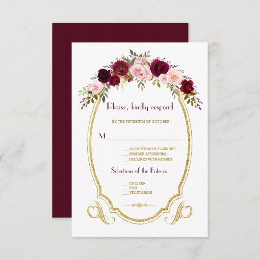 Elegant Burgundy Marsala Floral Wedding RSVP (Voorkant / Achterkant)