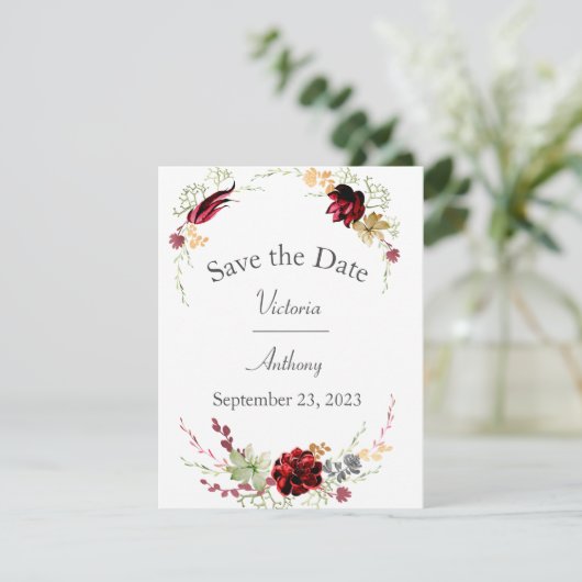 Elegant Burgundy Marsala Succulents Weduwschap Sav Save The Date (Staand voorkant)