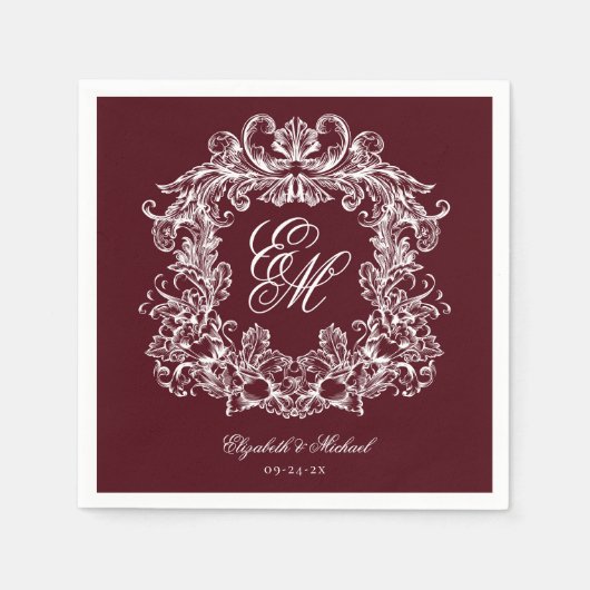 Elegant Burgundy Monogram Crest Script Wedding Servet (Voorkant)