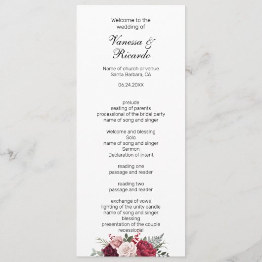 Elegant burgundy Navy Blue Floral Wedding Programm Programma (Voorkant)