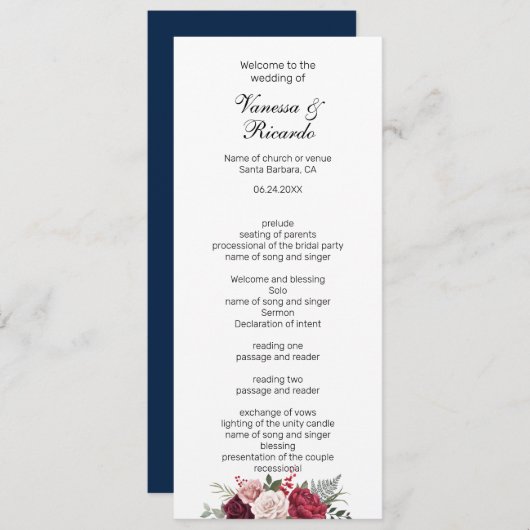 Elegant burgundy Navy Blue Floral Wedding Programm Programma (Voorkant / Achterkant)