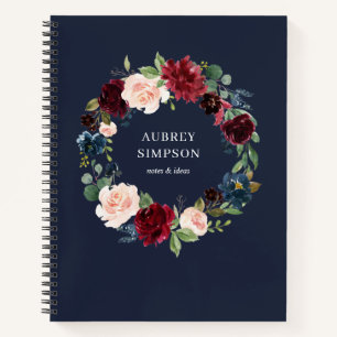 Elegant Burgundy Navy Blue Flowers Notebook Notitieboek