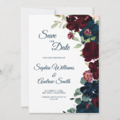 Elegant Burgundy & Navy Blue Flowers Save the Date (Voorkant)