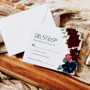 Elegant Burgundy & Navy Blue Flowers Wedding RSVP Kaartje