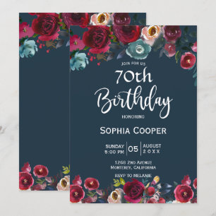 Elegant Burgundy Navy Floral 70th Birthday Party Kaart