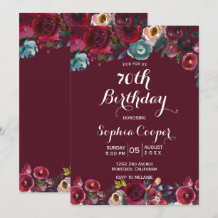 Elegant Burgundy Navy Floral 70th Birthday Party Kaart