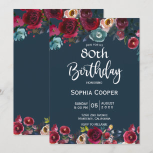Elegant Burgundy Navy Floral 80th Birthday Party Kaart