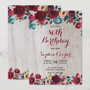 Elegant Burgundy Navy Floral 80th Birthday Party Kaart