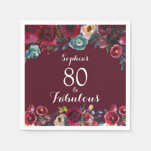 Elegant Burgundy Navy Floral 80th Birthday Party Servet