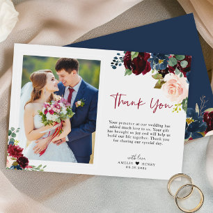 Elegant Burgundy Navy Floral Script Weduwfoto Bedankkaart