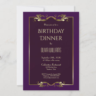 Elegant Burgundy Paars Gold Birthday Dinner Party Kaart