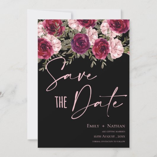 Elegant  Burgundy Peach Floral Wedding Save The Date (Voorkant)