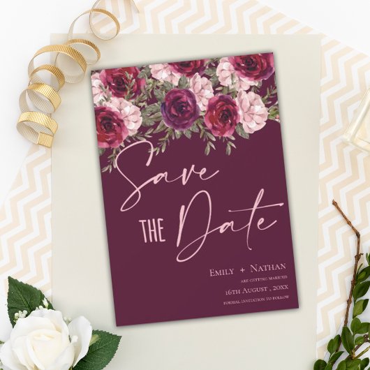Elegant  Burgundy Peach Floral Wedding Save The Date