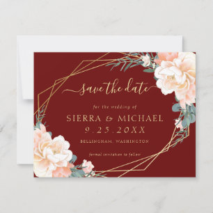 Elegant Burgundy Peach Gold Floral Save the Date Kaart