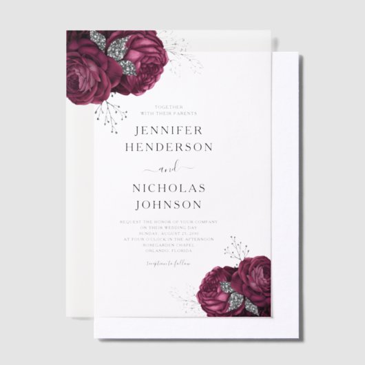 Elegant Burgundy Peonies Floral Wedding Vellum Uitnodigingen (Offset)