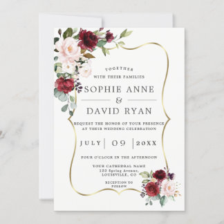Elegant Burgundy Pink Flowers Gold Lijst Weddensch Kaart