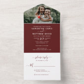 Elegant Burgundy Red Calligraphy Photo Weddenschap All In One Uitnodiging (Binnen)