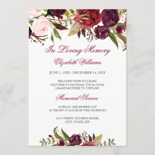 Elegant Burgundy Red Floral Memorial Service Kaart