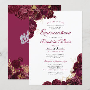 Elegant Burgundy Red Floral Quinceanera Kaart