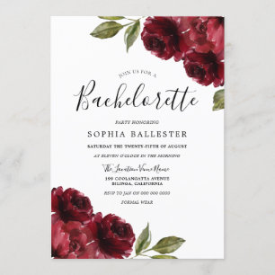 Elegant Burgundy Red Flowers Bachelorette Party Kaart